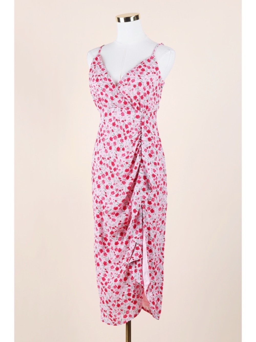 Sz S Lulus Reason For Romance Pink & Red Floral Print Ruffled Midi Dress EUC